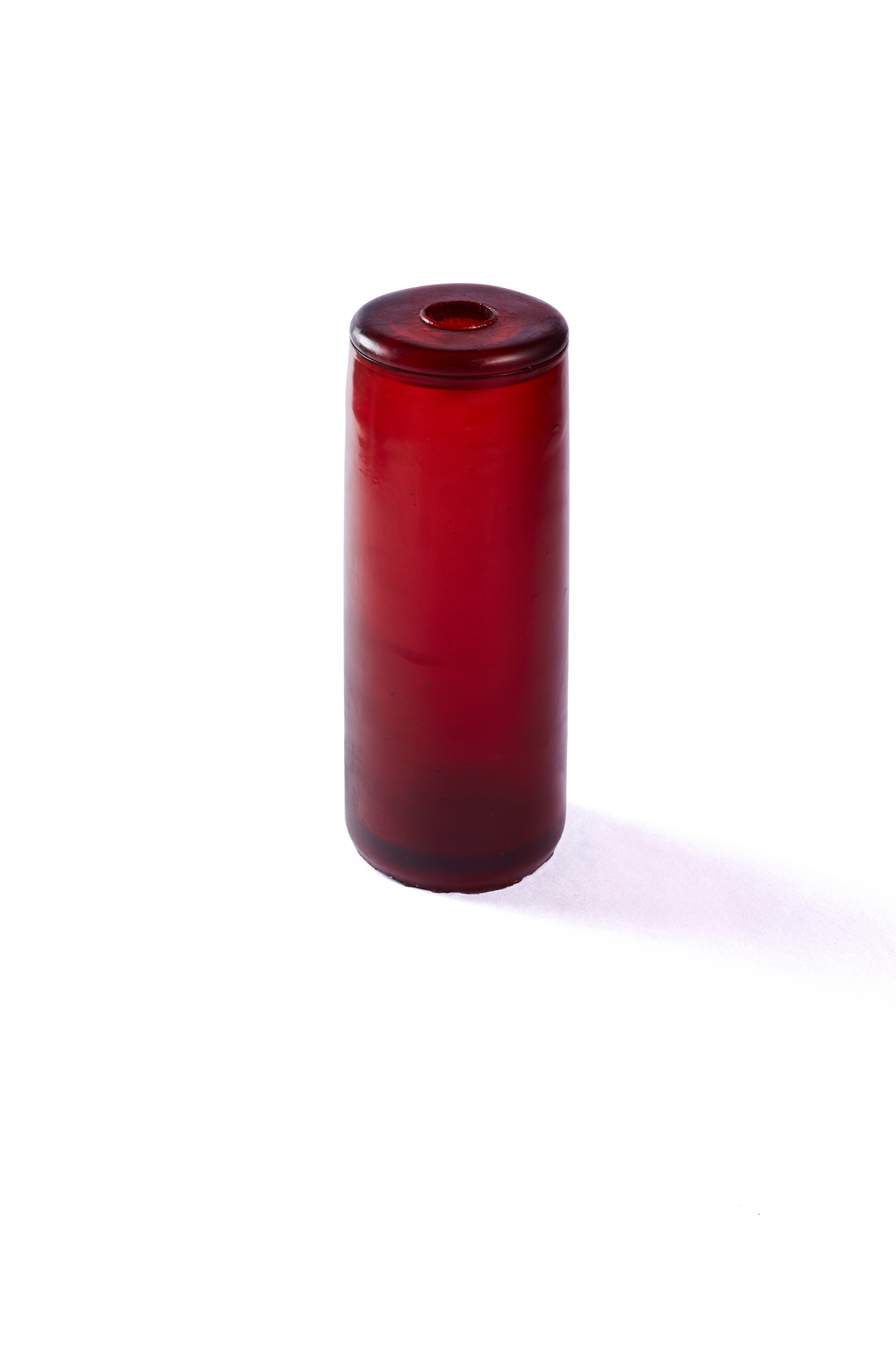 A tall rubber gleba urn in a rich red.