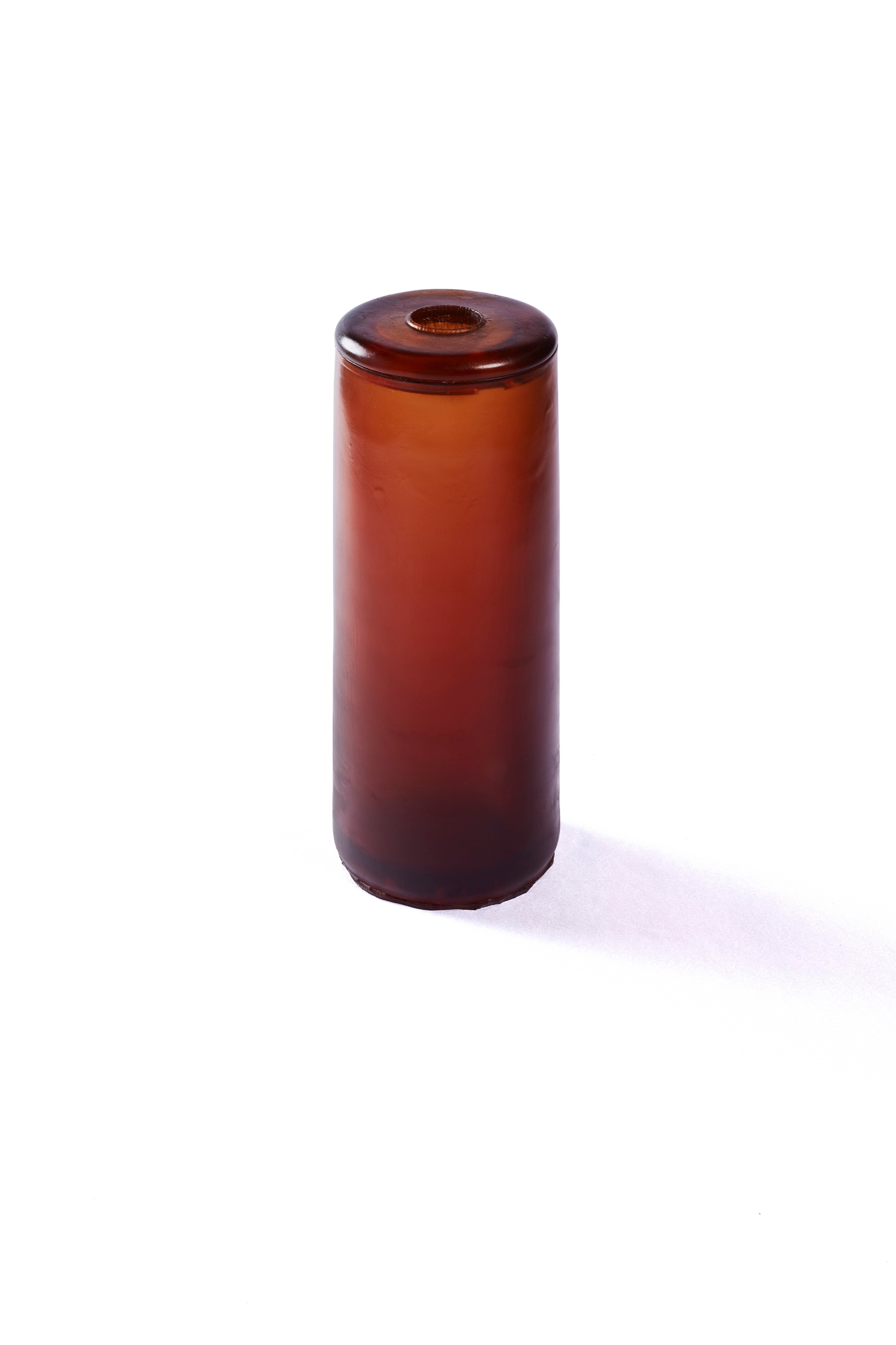 A tall rubber gleba urn in a reddish brown.